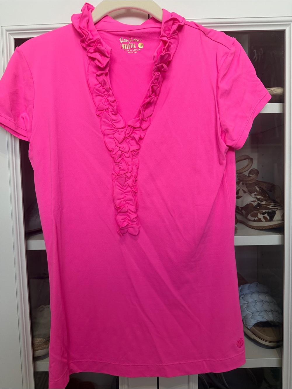 Lilly Pulitzer Hot Pink Ruffle V-Neck Short Sleeve Top